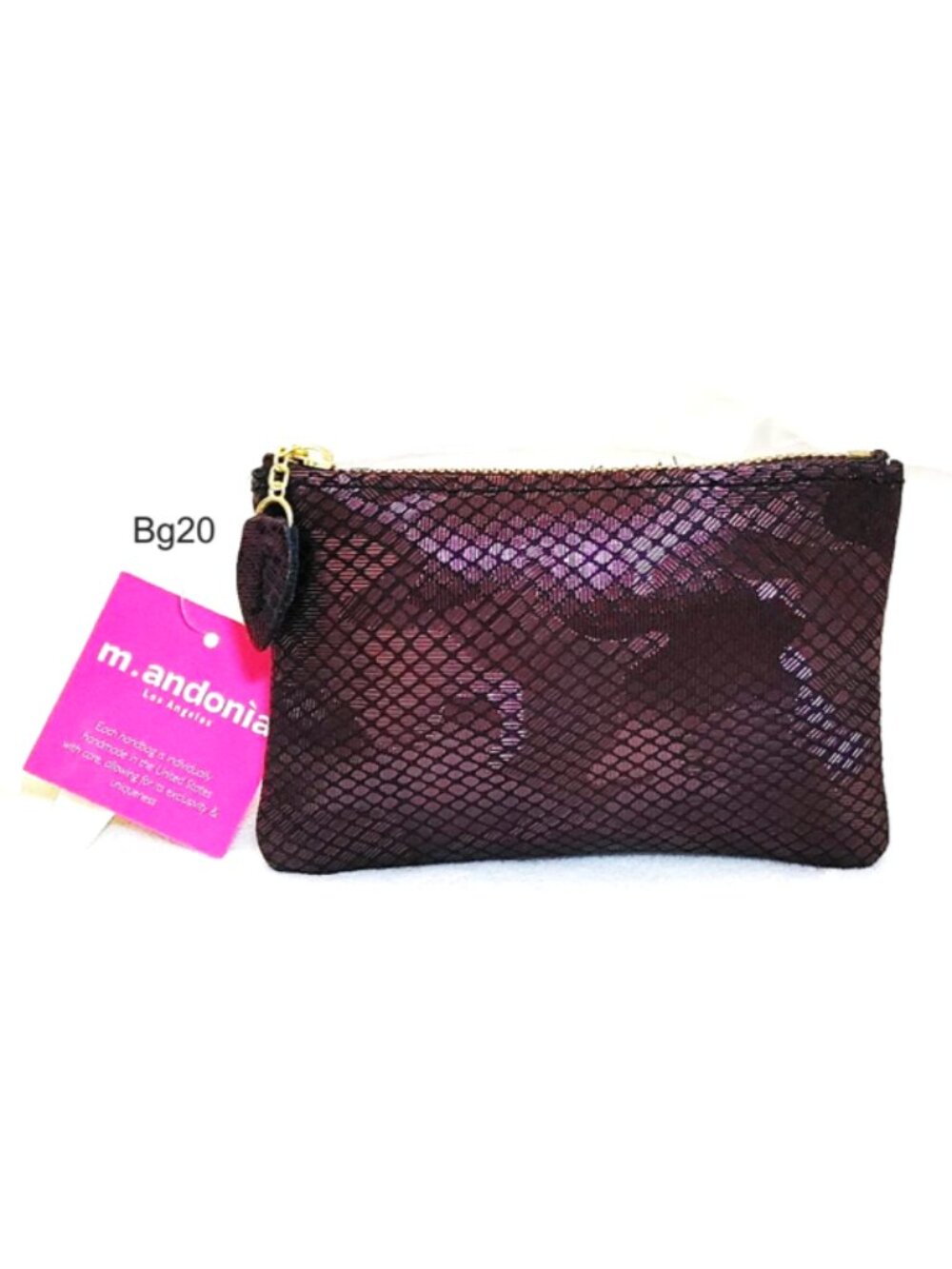 m. andonia Genuine Leather Mini Bag Pouch Grey Pink Red Metallic Zip Leaf Pull
